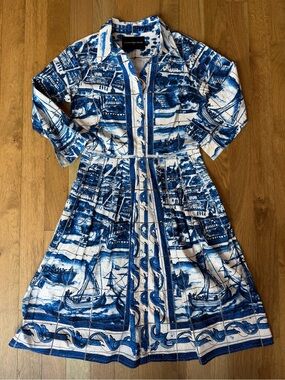 💙⛵️SAMANTHA SUNG - Blue & White Scenic Print Toile Dress - Luxury Cotton Dress
